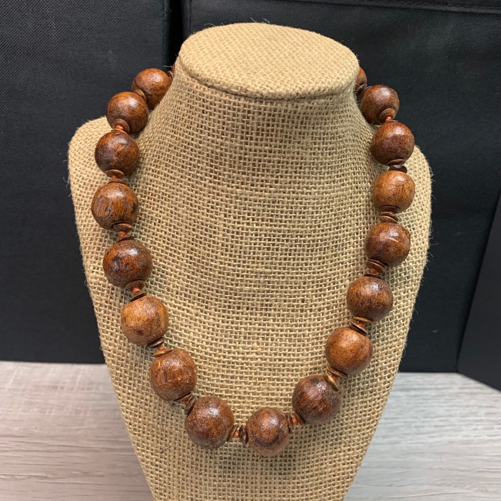 Chunky Brown Wood Bead Necklace 18 Inch Hand Knotted Boho Statement S-Hook Clasp